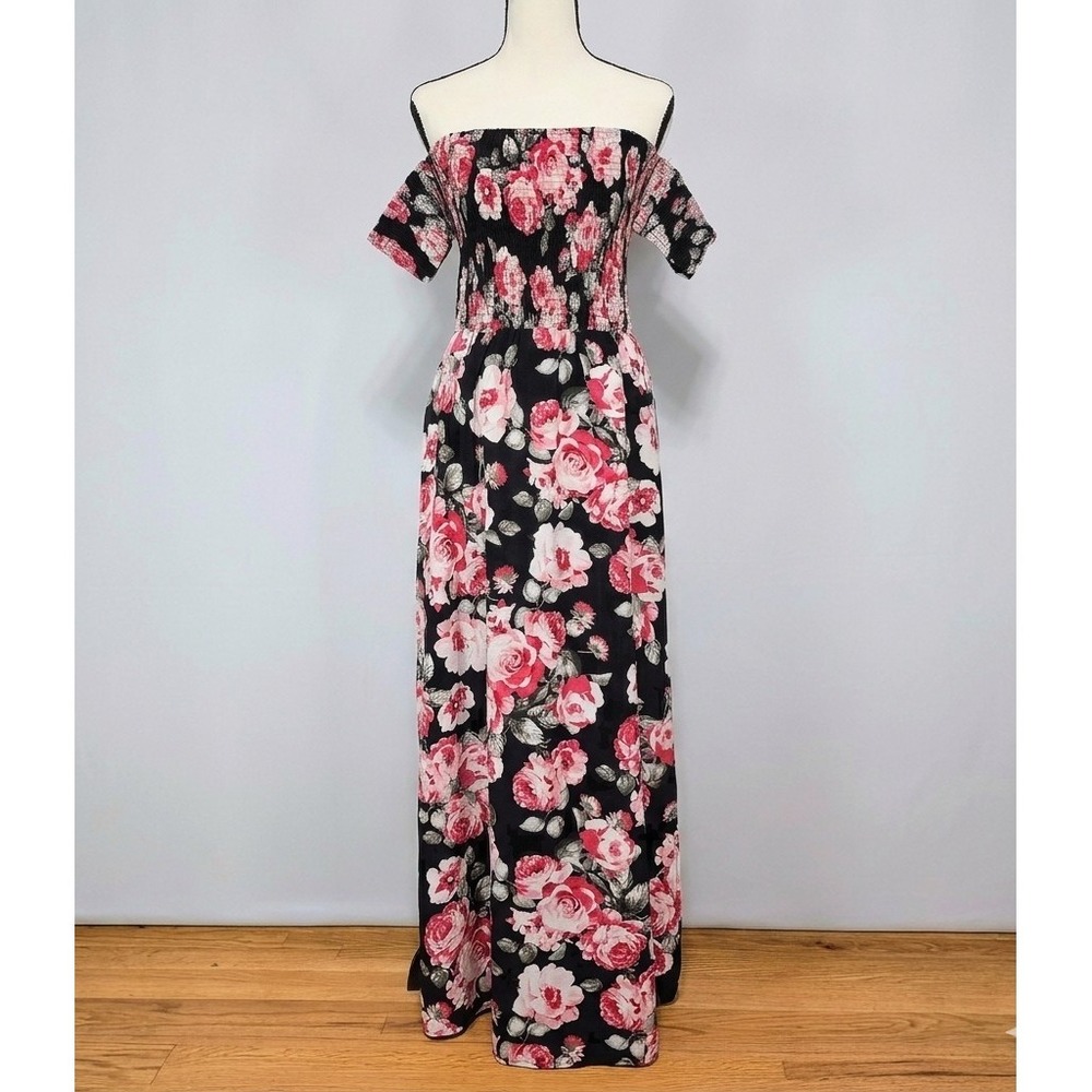 L Love Women's Maxi Dress S Black Pink Floral Off Shoulder Smocked Corset Back‎